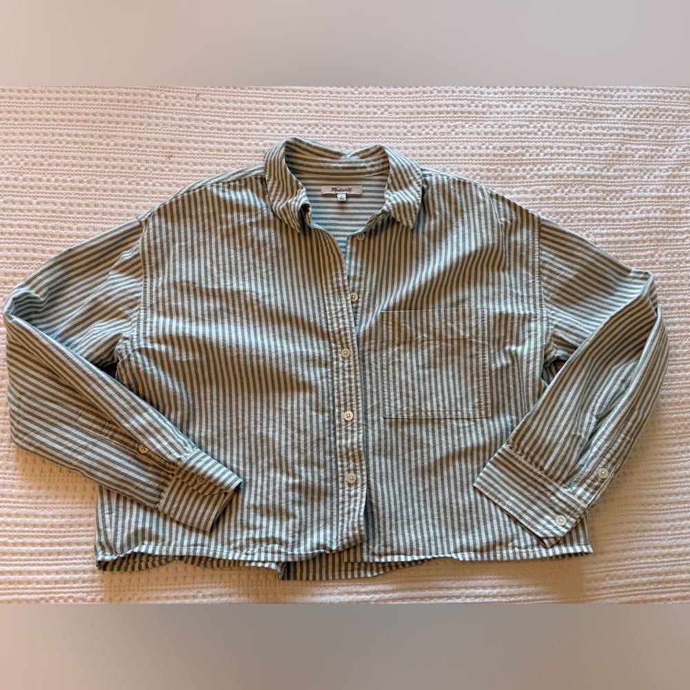 Madewell Green and White Cropped Button Down